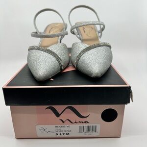 Nina Silver Glitter Rhinestone Slingback Heels 9.5 NEW